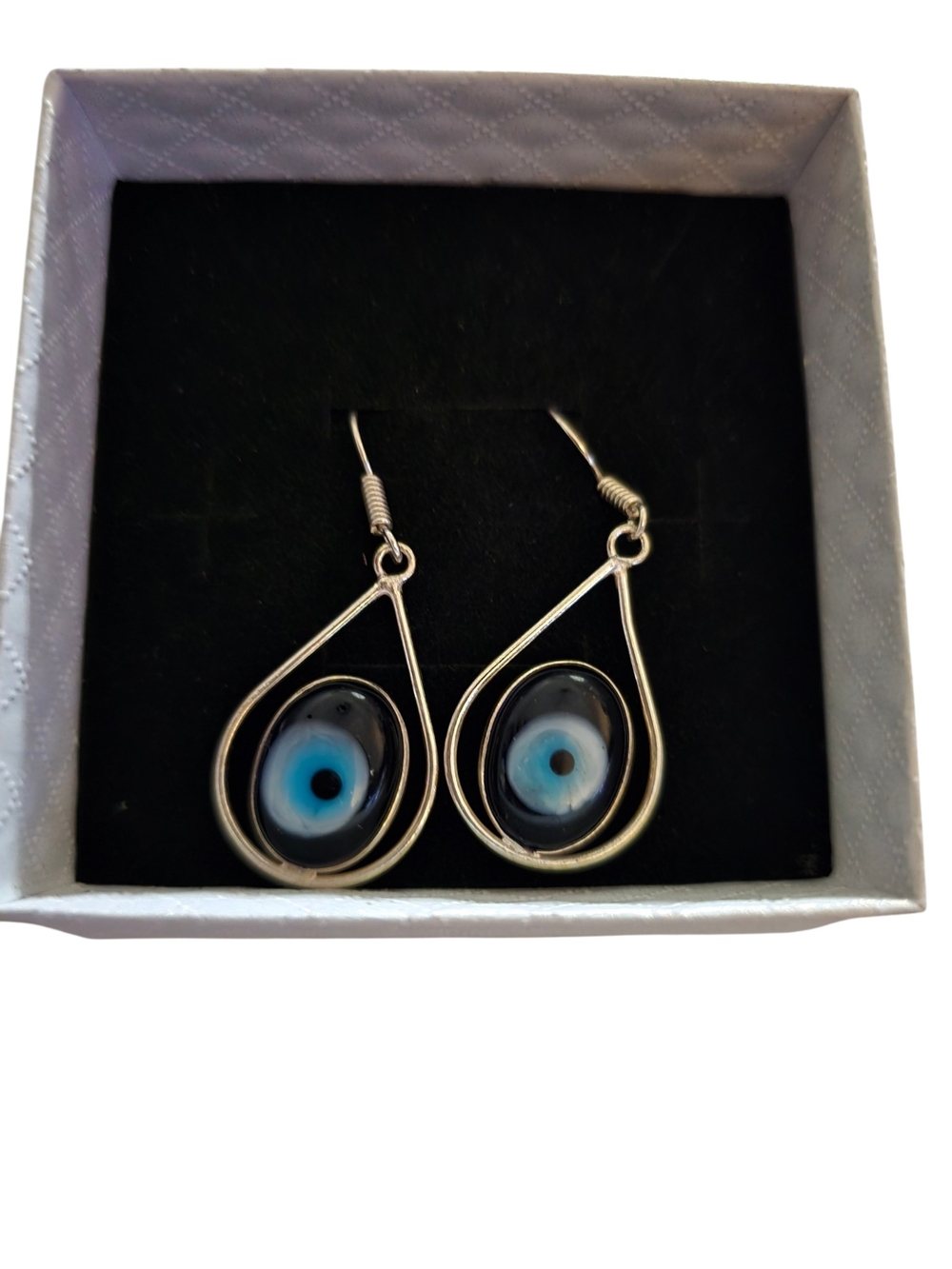 Sterling-Style Teardrop Evil Eye Dangle Earrings in Blue